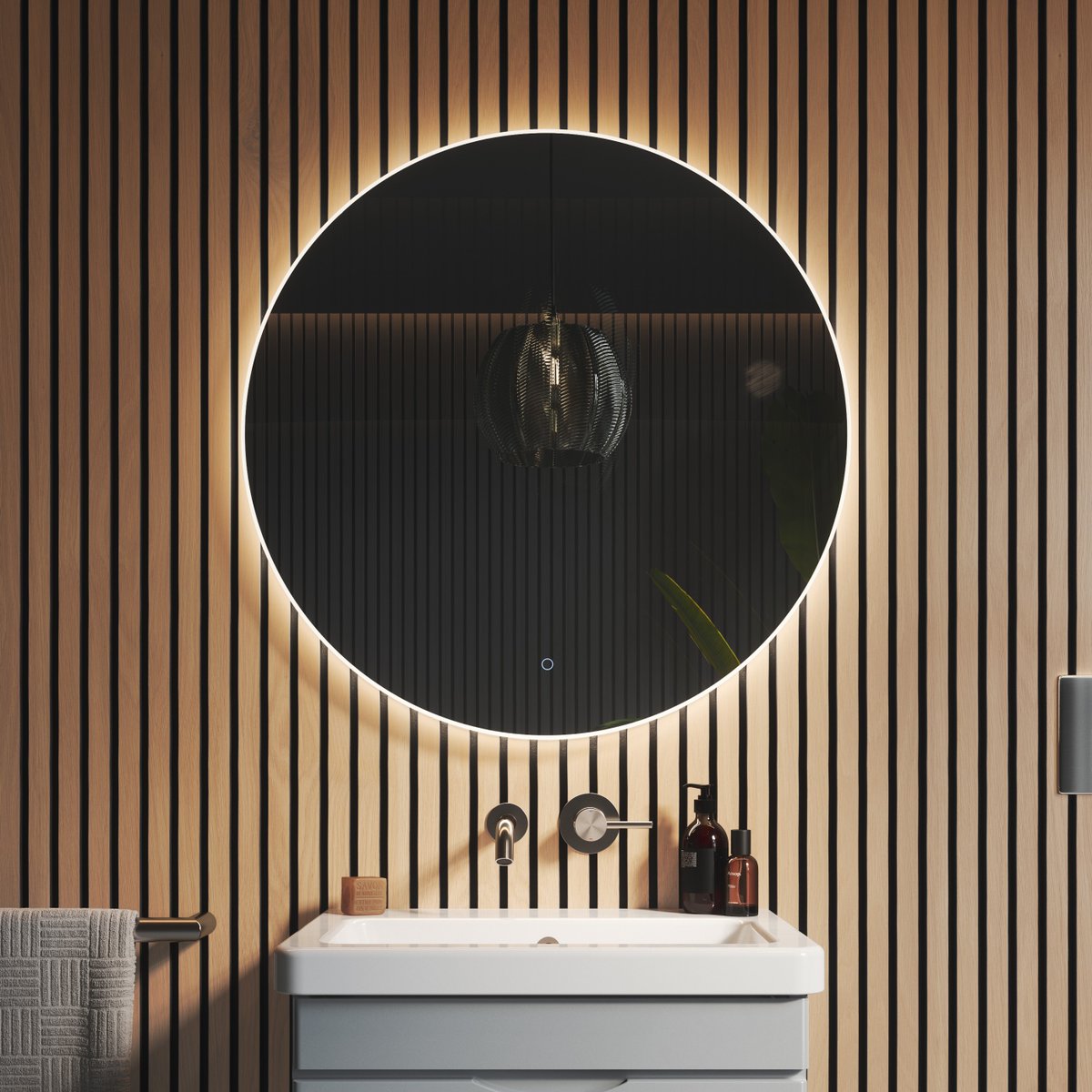 The OSKA round mirror collection offers both beauty and practicality.

The soft ambient back glow is harmonised together with clean forward facing task lighting to enhance your bathroom experience. 

#saneux #bathroomforlife #ModernBathroom #SleekDesign #ContemporaryDecor