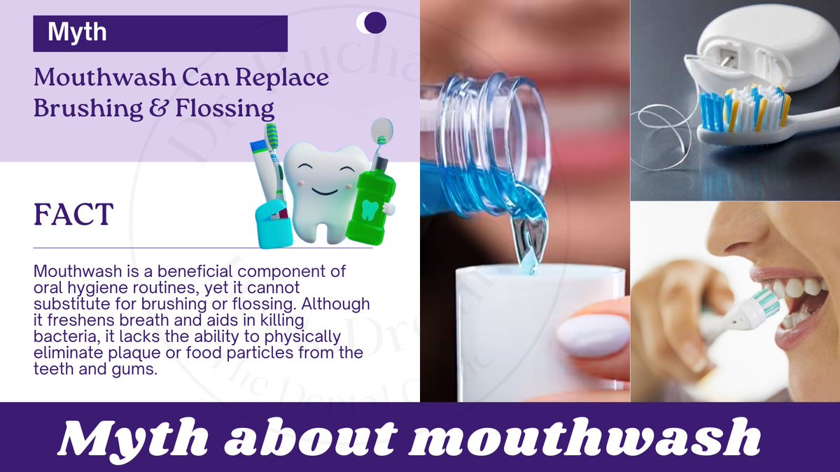 Mouthwash freshens breath and fights bacteria, but it won't remove plaque or food debris. Remember, it's a supplement, not a replacement, for good oral hygiene habits! 

#dentistatdurg #mythvsfact #mouthwash #dentist #OralCare #DentalHealth