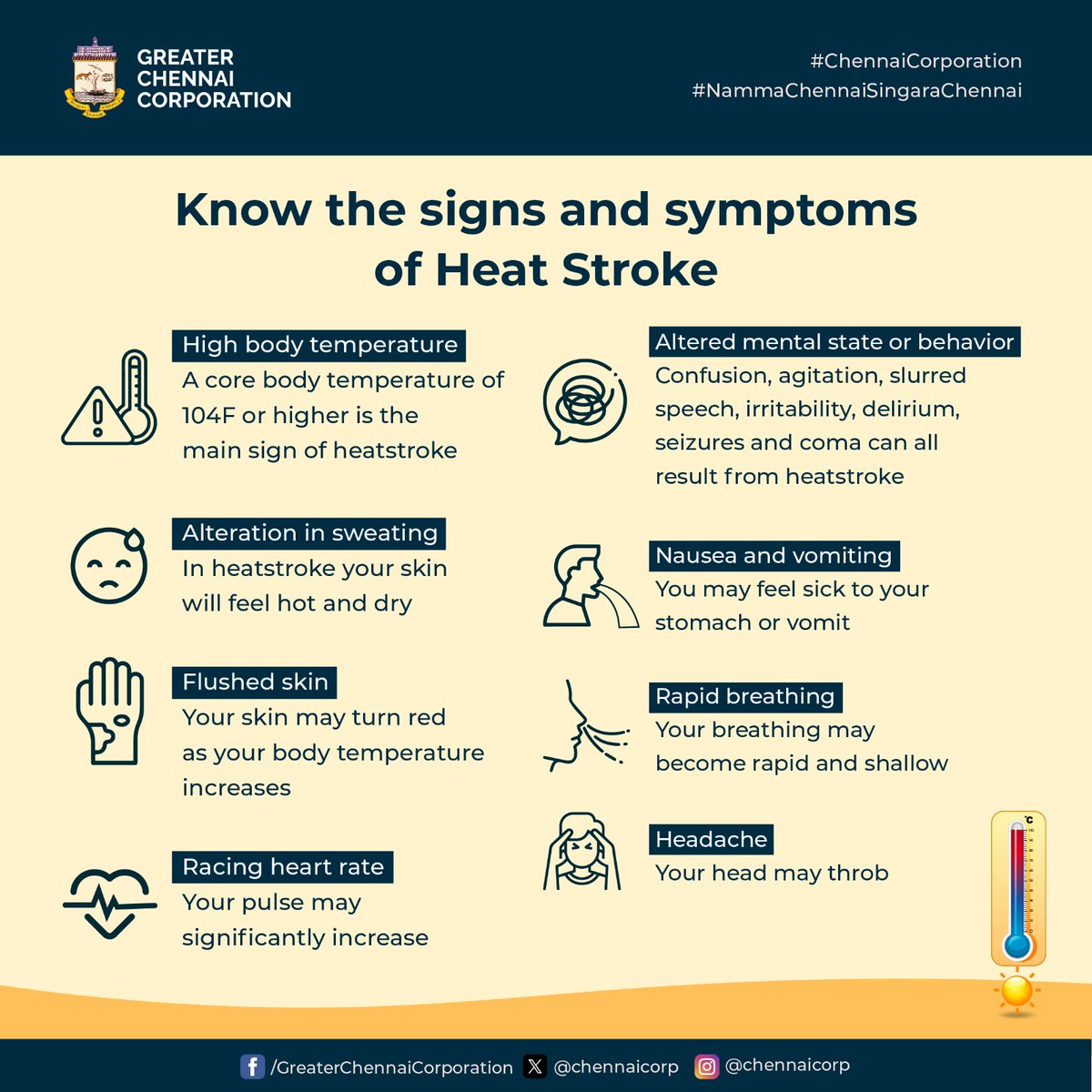 Dear #Chennaiites, Stay safe during this summer! Learn the symptoms of heat stroke and know when to seek help. High body temperature, confusion, sweating changes, nausea, might be a symptom. Educate your friends and family on the same. #ChennaiCorporation #HeretoServe