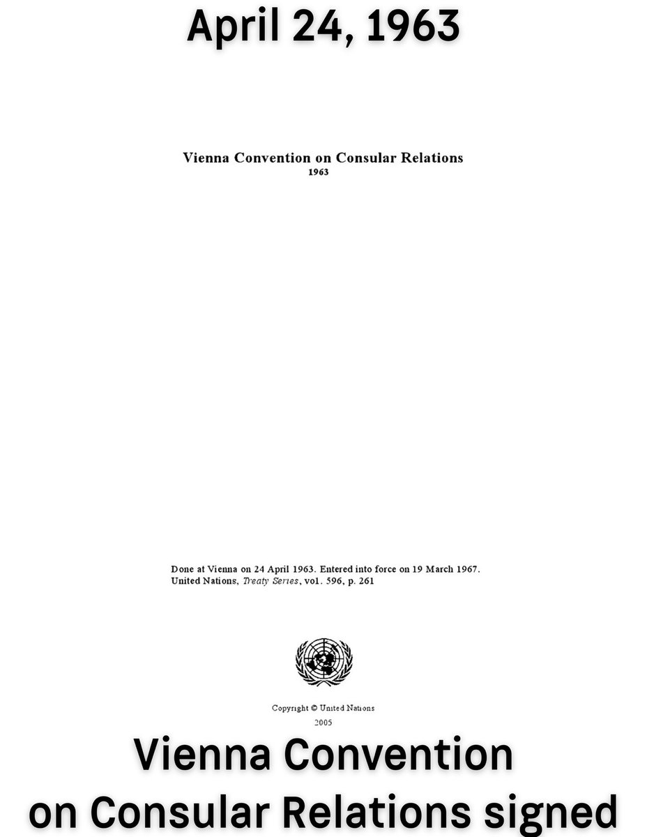 🗓️ On April 24, 1963 the Vienna Convention on Consular Relations was signed ✍️ Defines a number of consular functions 4️⃣ Four consular classes have been established: consul general, consul, vice consul, consular agent 🔴 The Convention entered into force on March 19, 1967