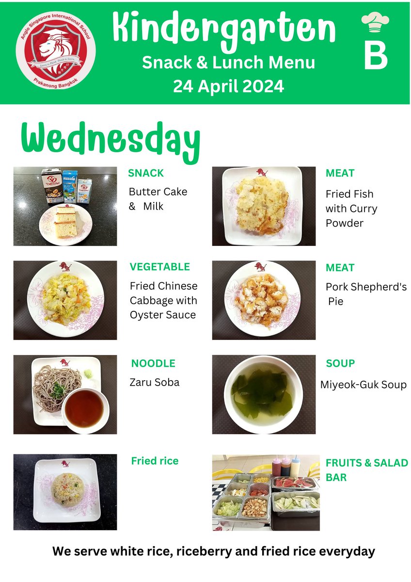 Dear Kindergarten Parents, Canteen Menu for April 24, 2024.