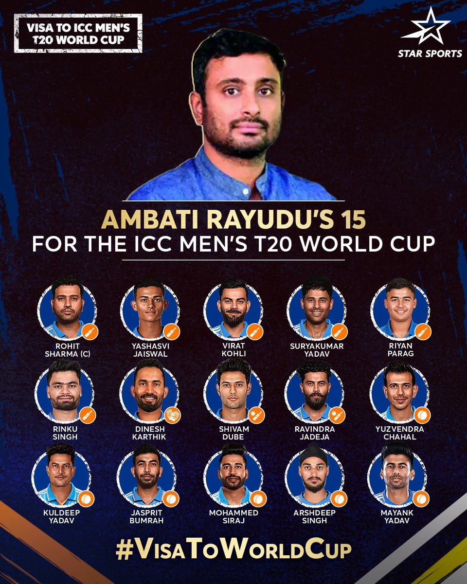 #IncredibleStarcast expert @RayuduAmbati has picked 15 ambitious players for his #TeamIndia squad ahead of #T20WorldCup2024 & there's only one all-rounder, @imjadeja! 👀

Participate in the biggest opinion poll ever on our social media handles (23rd April-1st May) and see if you
