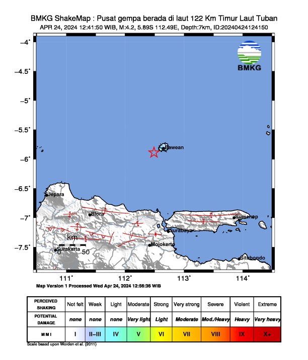 #Gempa (UPDATE) Mag:4.2, 24-Apr-24 12:41:50 WIB, Lok:5.89 LS, 112.49 BT (Pusat gempa berada di laut 122 Km Timur Laut Tuban), Kedlmn:7 Km Dirasakan (MMI) III-IV Bawean #BMKG