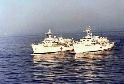 April 24th 1982: Converted Ambulance / Hospital ships SS Hydra & Herald depart the UK together in their new livery. Both have been repainted, has RAS equipment installed, and Hydra has had a new starboard engine fitted. They will go on to be of great service to both sides...