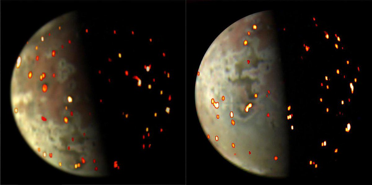 Infra-red photos of the many volcanoes of Jupiters moon Io taken by the Juno spacecraft in 2022. NASA