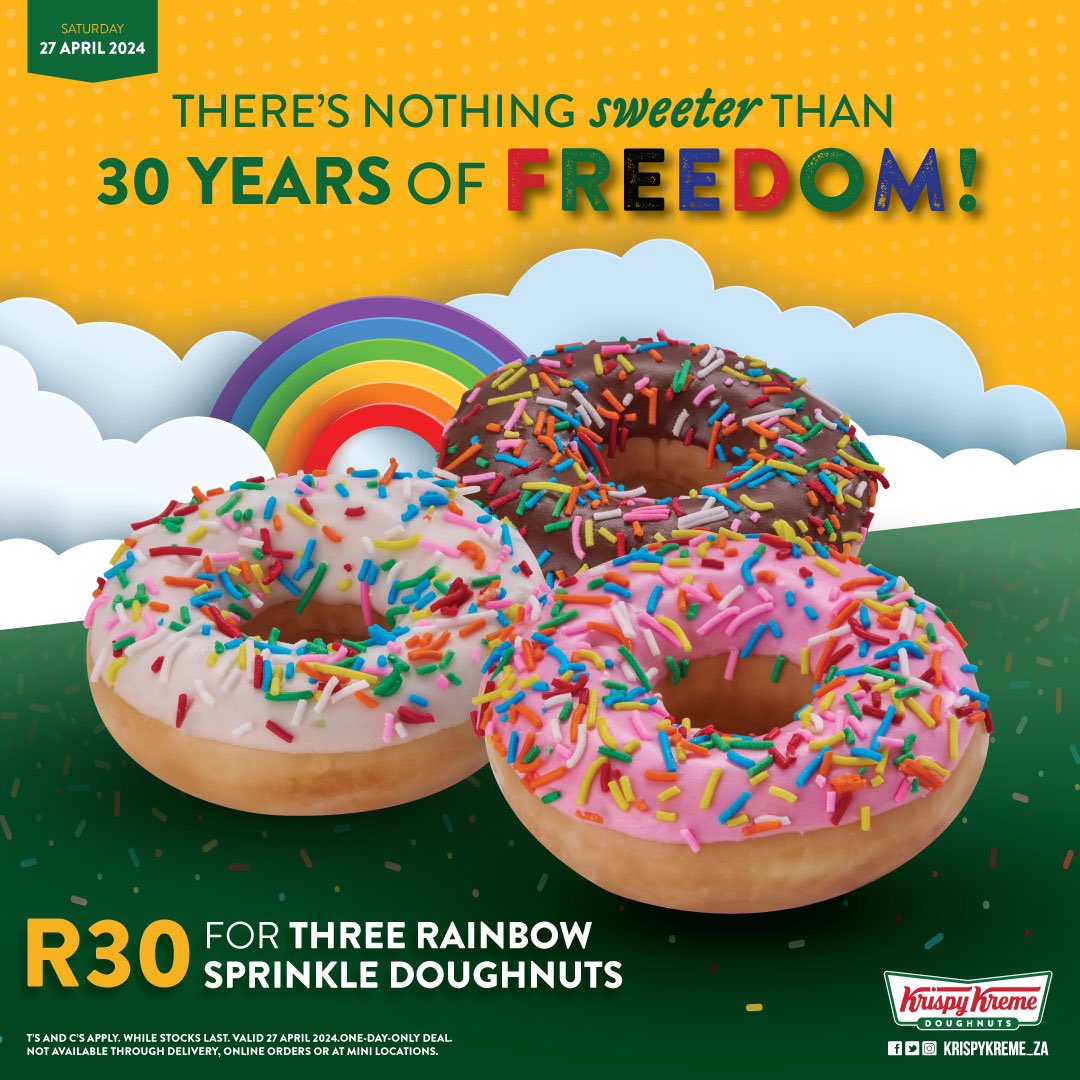 Celebrate 30 years of freedom with 3 rainbow sprinkle doughnuts for just R30! SAVE R32.90! 🍩🎉 Find your nearest main store: krispykremesa.com/store-locator/… Available Saturday, 27 April 2024, exclusive to Krispy Kreme Main Stores & Checkers Full Experience Stores.