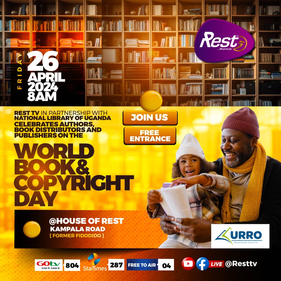 This Friday, April 26th at 8AM, join us at House Of Rest (Former Fidodido) on Kampala Road as Rest TV partners with the National Library of Uganda to celebrate World Book and Copyright Day. Let's celebrate the power of books together! #WorldBookDay #RestTV #NationalLibraryUganda