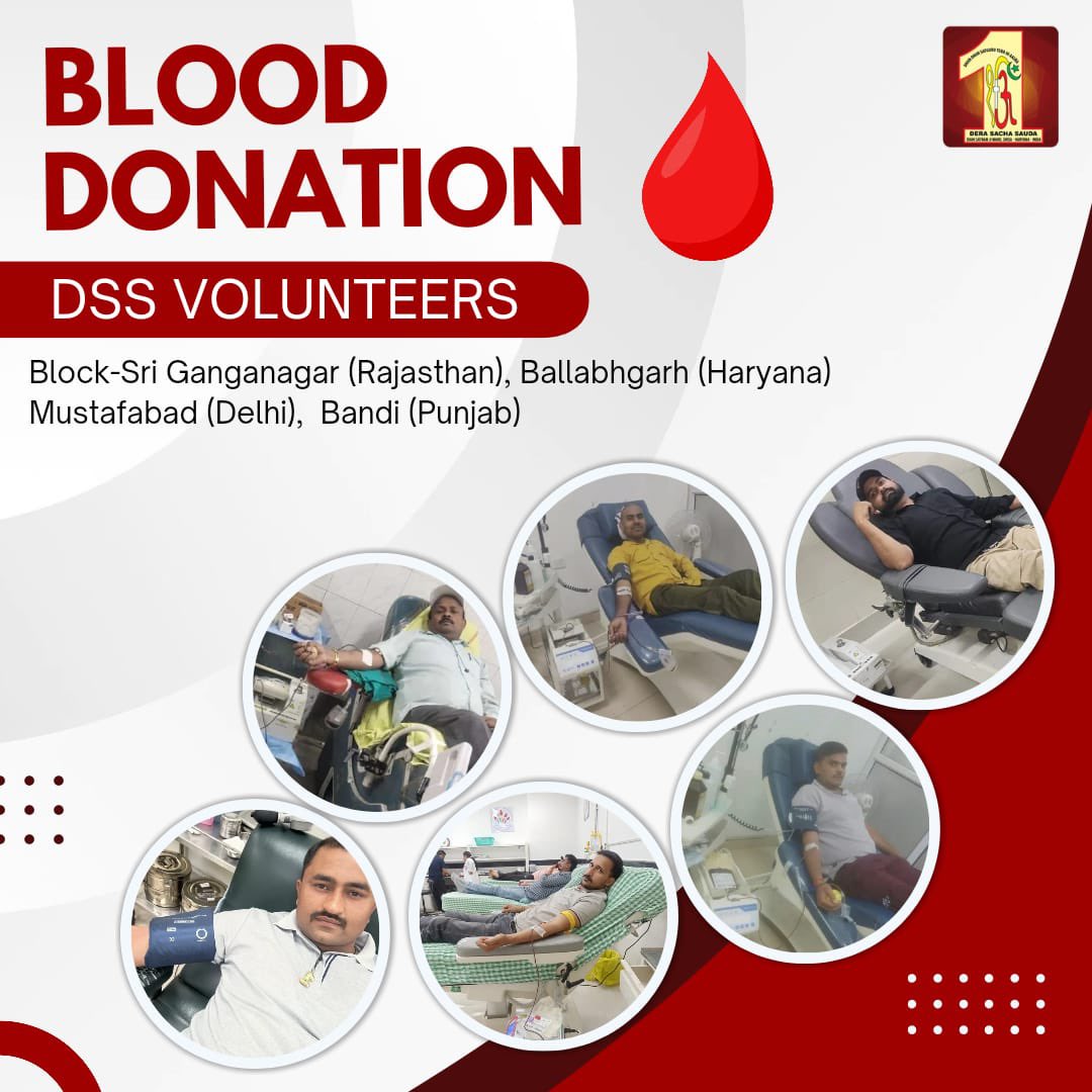 DSSNewsUpdates's tweet photo. Blood is life. Dera Sacha Sauda volunteers are leading by example, selflessly donating blood to help those in urgent need. Every drop shared is a testament to their compassion and dedication. Join us in applauding these remarkable individuals who care deeply and give generously. Be inspired to take part and make a difference!  #DeraSachaSauda #GurmeetRamRahimJi #SaintMSGInsan #BloodDonation #SelflessHeroes #TrueBloodPump #EveryDropCounts #LifeSavers #SaveLives