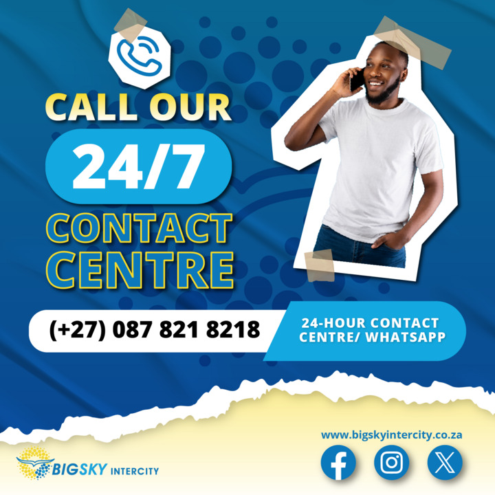 ARE YOU IN NEED OF SUPPORT WITH YOUR BOOKINGS? 

Contact our 24-Hour Contact Centre or WhatsApp line at (+27) 087 821 8218

BOOK YOUR TICKET TODAY at bigskyintercity.co.za 

#ContactCentre #BookToday #TravelNow #BigSkyIntercity