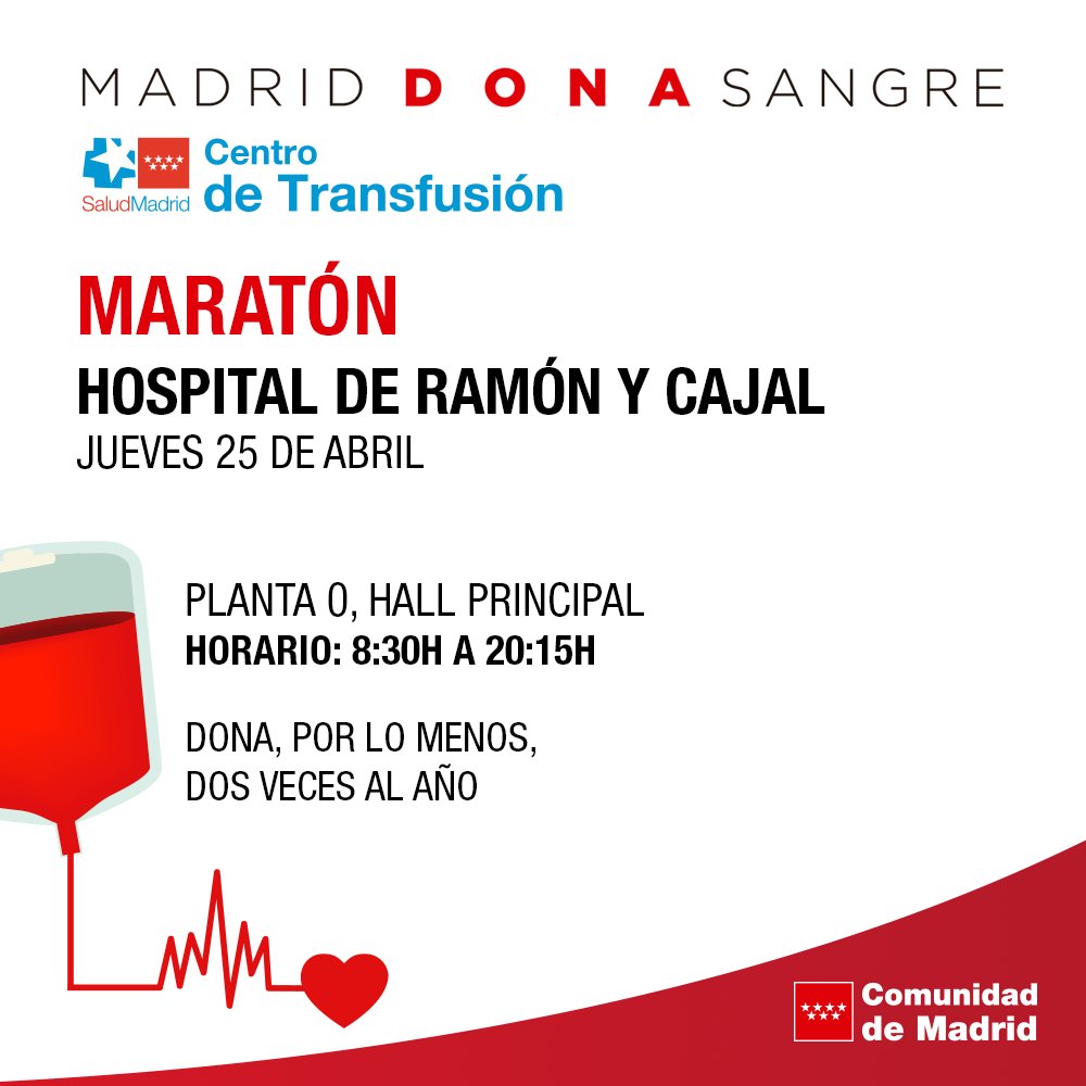 👉 Hoy también puedes unirte a #donarsangre en el maratón del Hospital Ramón y Cajal. ⏰ 8.30h a 20.15h ❣ Cada día son muchos los pacientes que esperan una transfusión para poder tener una vida mejor. ❤ Anímate a #donarsangre y #salvarvidas 📲 c.madrid/donasangre