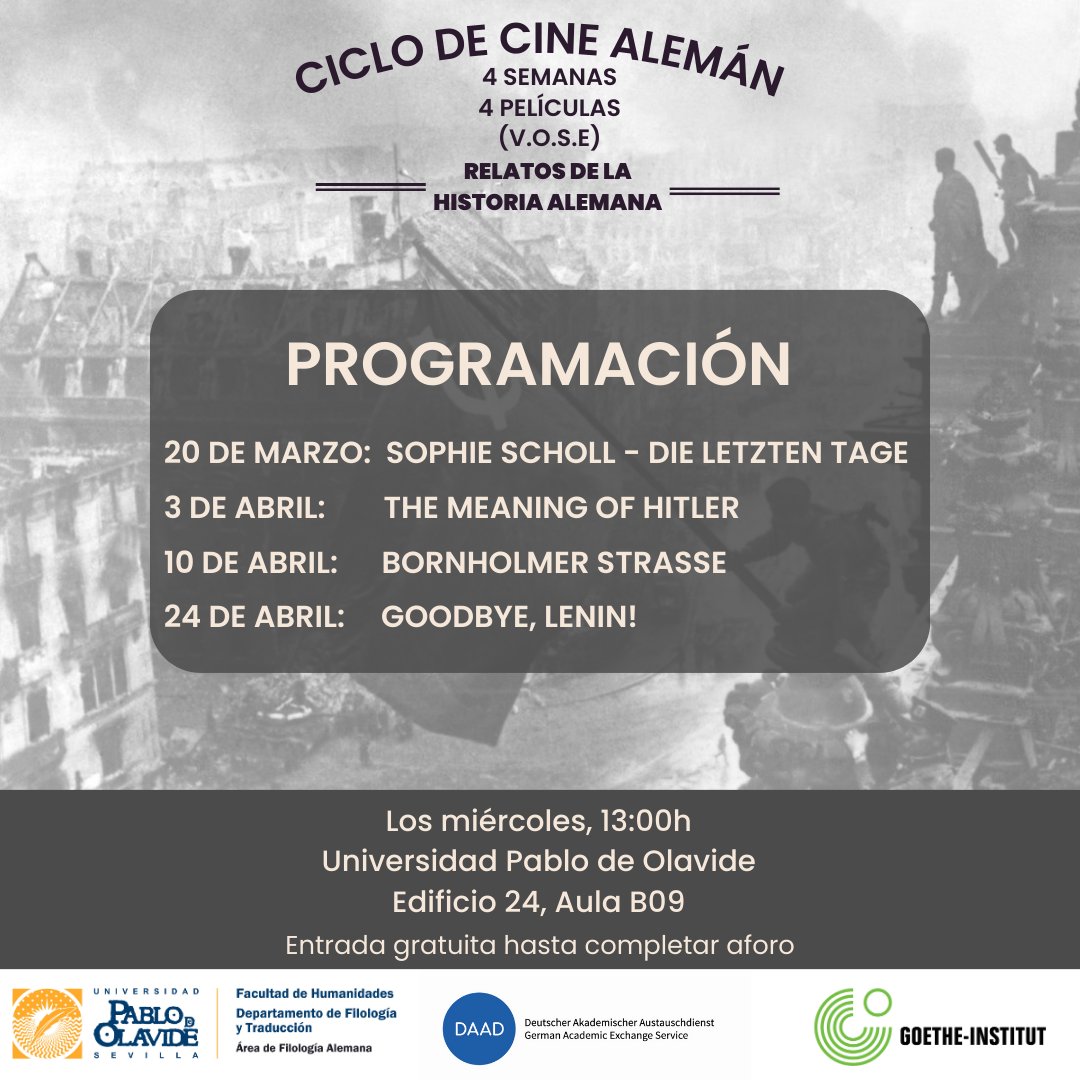 Concluye #hoy el ciclo de cine alemán. A las 13 h, en aula B09 del edificio 24 con su cuarta y última sesión. Entrada gratuita hasta completar aforo. ¡No te la pierdas! +Info: upo.es/facultad-human…