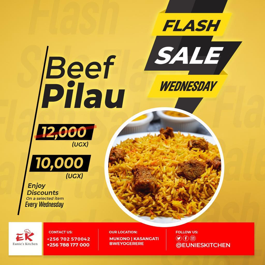 Enjoy our Flash Wednesday sale. Order a plate of beef pilau at only 10,000/= and get it delivered. We deliver to your doorstep call / Whatsapp: 👉Kasangati: 0704781954 👉Mukono: 0788177000 👉Bweyogerere: 0702570042 #FlashSale #delivery #euniekitchen