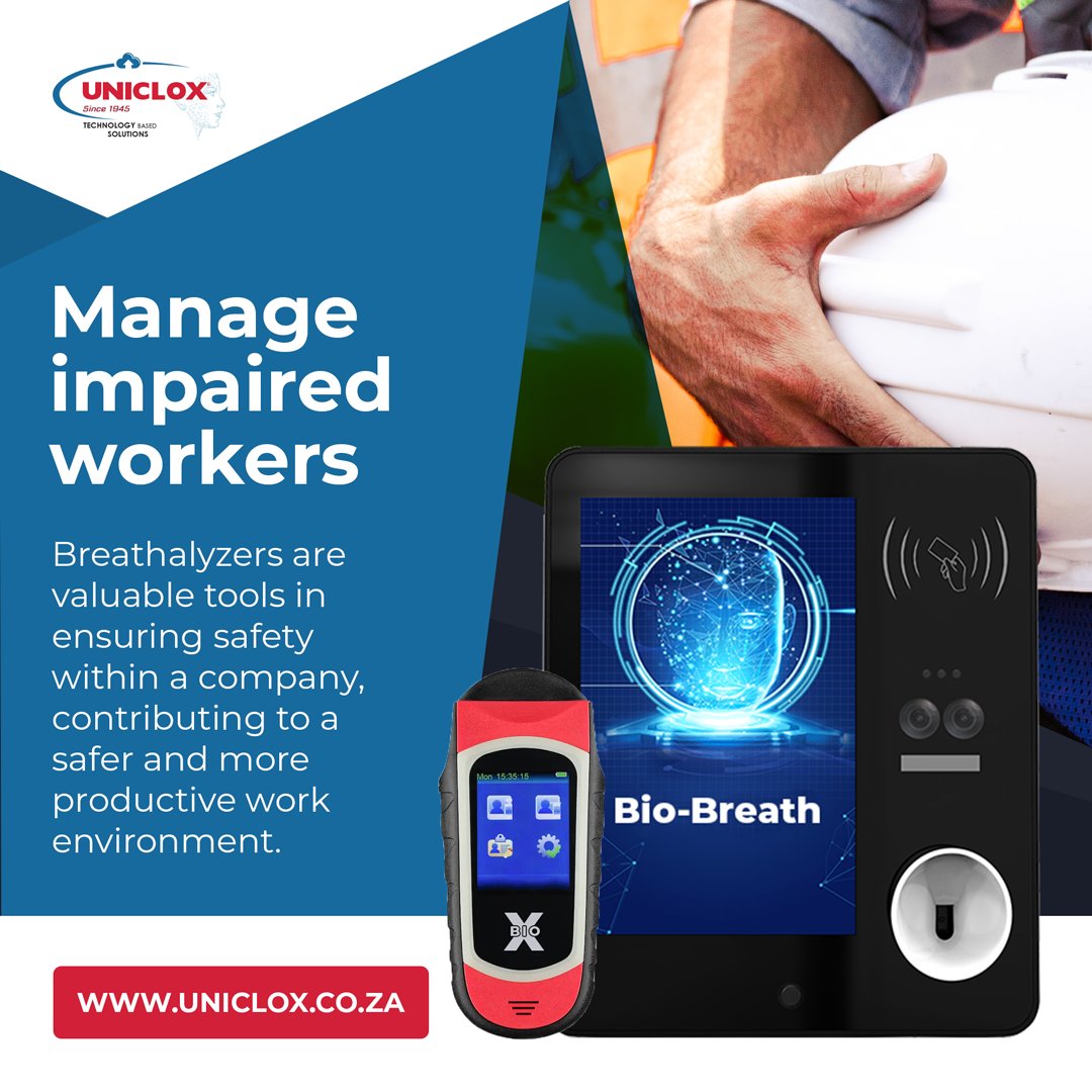 Breathalyzers effectively manage impaired workers, contributing to a safer and more productive work environment.
🌐: uniclox.co.za/the-bio-breath…
#accesscontrol #breathalyzer #software #biometrictimeclock #timeandattendance #facialrecognition #cloudsoftware #safety #workplacesafety