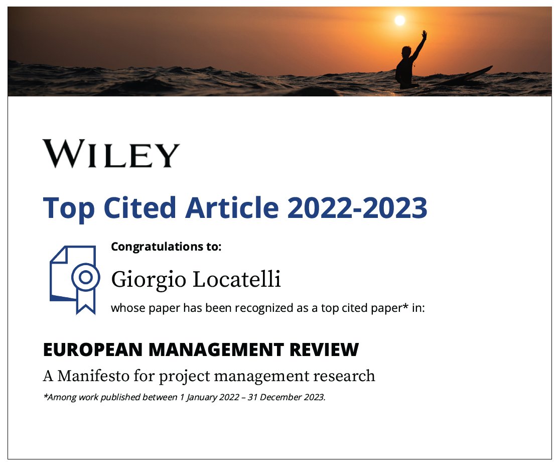 LocaGiorgio's tweet photo. Our Manifesto is among #TopCitedArticle in #EMR, an ABS3 journal. Nearly 20.000 downloads and 30 citations in 1 year, demonstrate the interest in #ProjectStudies from the wider management and social science community. โWe live in a project society; let us study projects together! https://t.co/Bl72rHUvKp