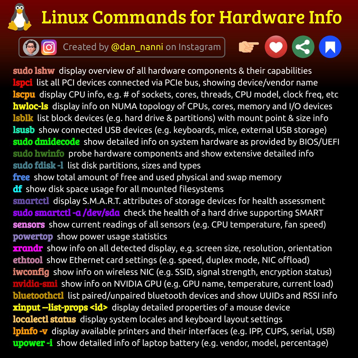 Linux Commands for Hardware Info. ✌️🔥
by @xmodulo 

#cybersecurity #pentesting #bluetooth #informationsecurity #hacking #DataSecurity #CyberSec #infosec #bugbountytips #Linux #websecurity #Network #NetworkSecurity #hacks #hacker #tools  #logs #web #server #python #programming