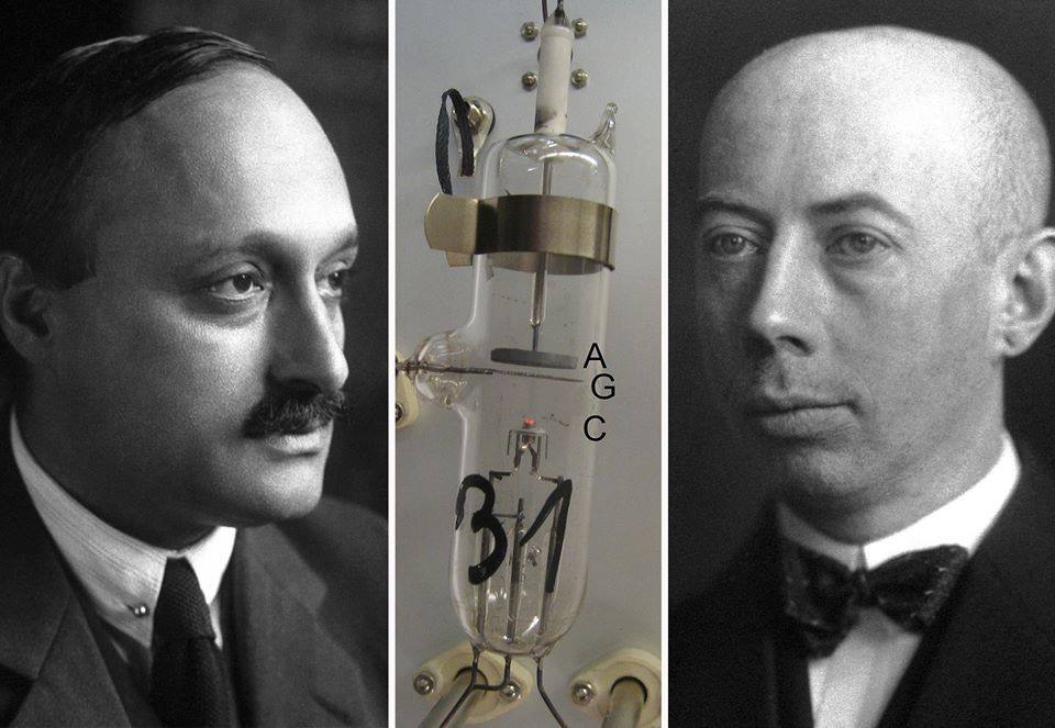 #OTD in 1914 the Franck-Hertz electron collisions experiment showing internal quantum levels of atoms was first presented and supported Niels Bohr's theory on the structure of the atom. Photos: James Franck, a vacuum tube used in the experiment, and Gustav Hertz. #NobelPrize