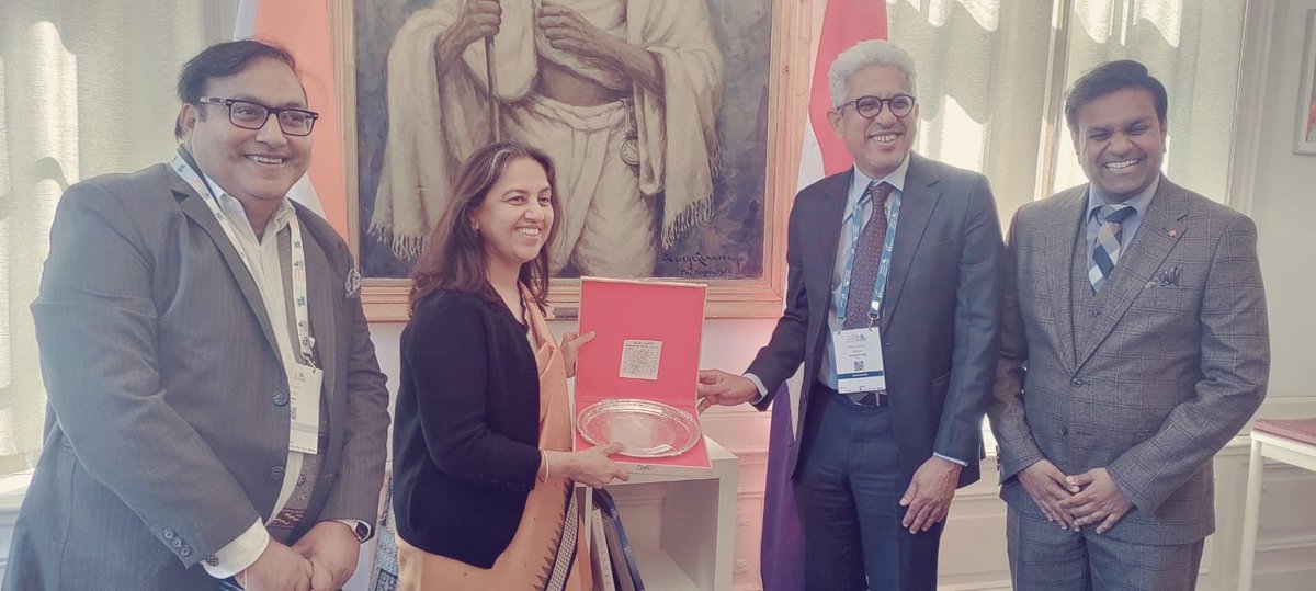 Industry leaders unite with Mr. Ravi Verma, Member Governing Council #SPDA, in honoring Her Excellency Ms. Reenat Sandhu, Ambassador of India to Kingdom of the Netherlands, on the sidelines of @WECouncil.

#WEC2024 #EnergyTransition #CleanEnergyRevolution  @wec_i