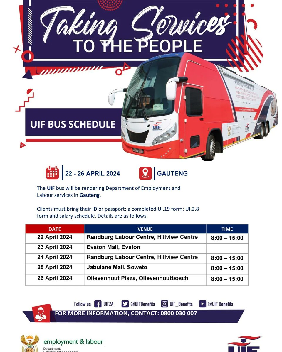 The #UIF buses are to render @deptoflabour services in the Gauteng and KwaZulu-Natal provinces between Monday, 22 April 2024 and Friday, 26 April 2024.

#UIF
#WorkingForYou