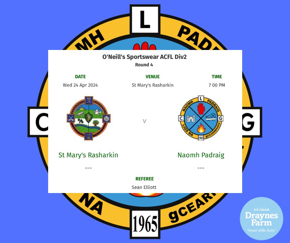 Our senior men travel to Rasharkin GAC this evening in round 4 of the league. 7pm Throw in Good luck lads 🍀 🟡🔵