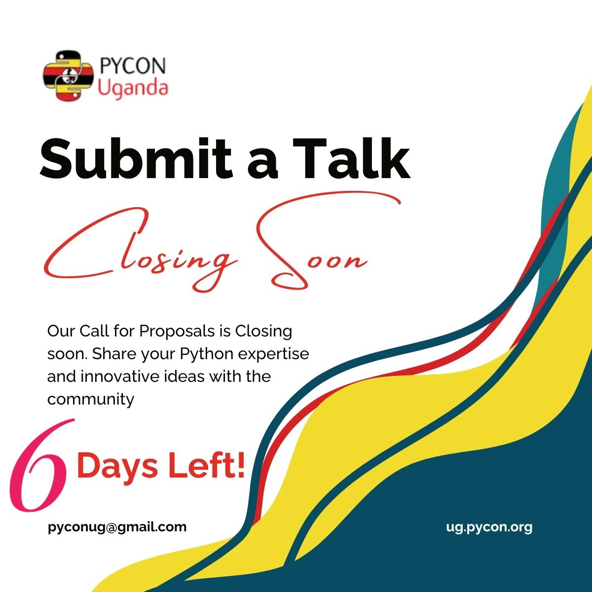 Coding in Python is fun but sharing your code at #PyConUganda is even better. 

Don't wait, submit your talk now-> papercall.io/pyconug

#PyCon #PyConUganda2024