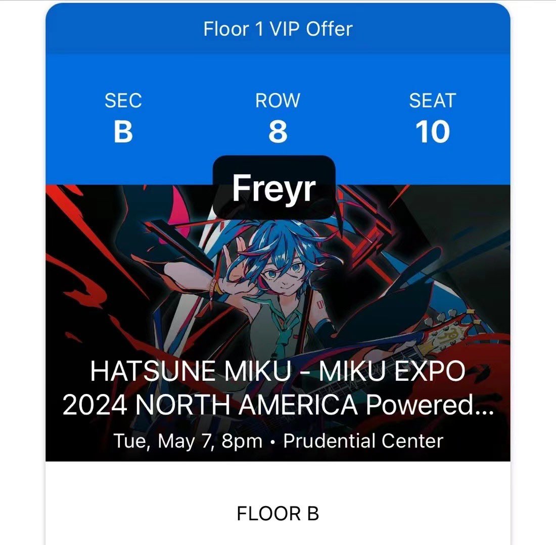 Freyrsanbaice's tweet photo. wts floor 1 vip offer
hatsune miku expo
2024 May 7th 8pm
NJ prudential center

super good seat, close to the stage
price negotiable
#hatsunemiku #MIKUEXPO2024 https://t.co/lC5Iby4IyO