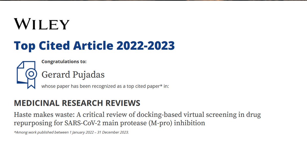 cheminform_URV's tweet photo. Our article "Haste  makes waste: A critical review of docking-based virtual screening in drug repurposing for SARS-CoV-2 main protease (M-pro) inhibition" doi:10.1002/med.21862 received enough citations to be a #TopCitedArticle in the journal Medicinal Research Reviews (IF 13.3) https://t.co/6aSJqJrKRp