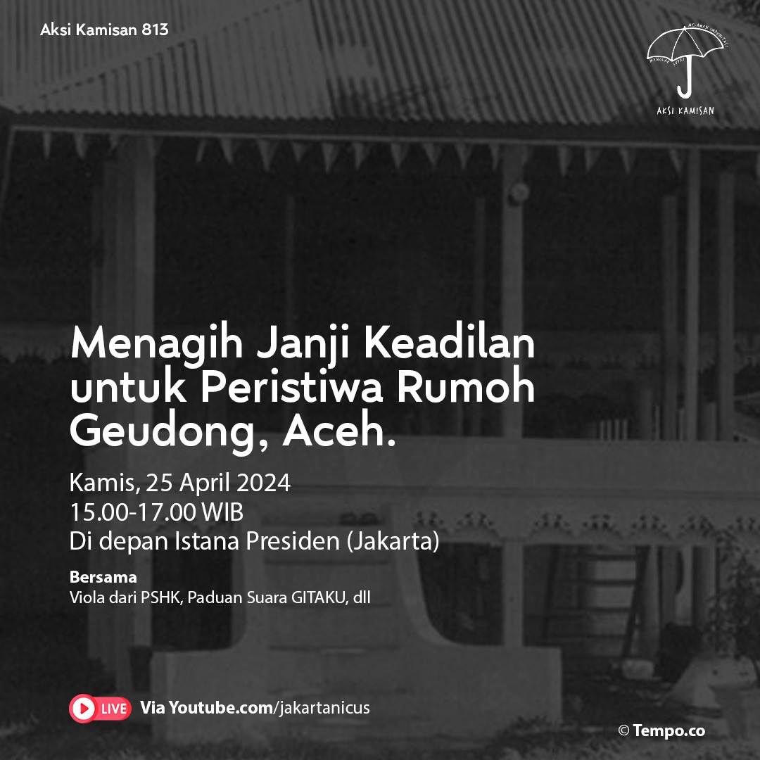 sumarsih11 (@sumarsih11) on Twitter photo Mengundang kawan2 hadir <a href="/AksiKamisan/">Aksi Kamisan</a> ke-813
Slesaikan planggaran HAM berat sesusai UU Pengadilan HAM!
Pekerja proyek pembangunan Luring Park Rumoh Geudong, Aceh menemukan tulang belulang umat manusia & tlh dkuburkan dgn layak
<a href="/dipanggilwawan/">#SayaWawan | BR Norma Irmawan</a> krbn Semanggi I Mengundang kawan2 hadir <a href="/AksiKamisan/">Aksi Kamisan</a> ke-813
Slesaikan planggaran HAM berat sesusai UU Pengadilan HAM!
Pekerja proyek pembangunan Luring Park Rumoh Geudong, Aceh menemukan tulang belulang umat manusia & tlh dkuburkan dgn layak
<a href="/dipanggilwawan/">#SayaWawan | BR Norma Irmawan</a> krbn Semanggi I