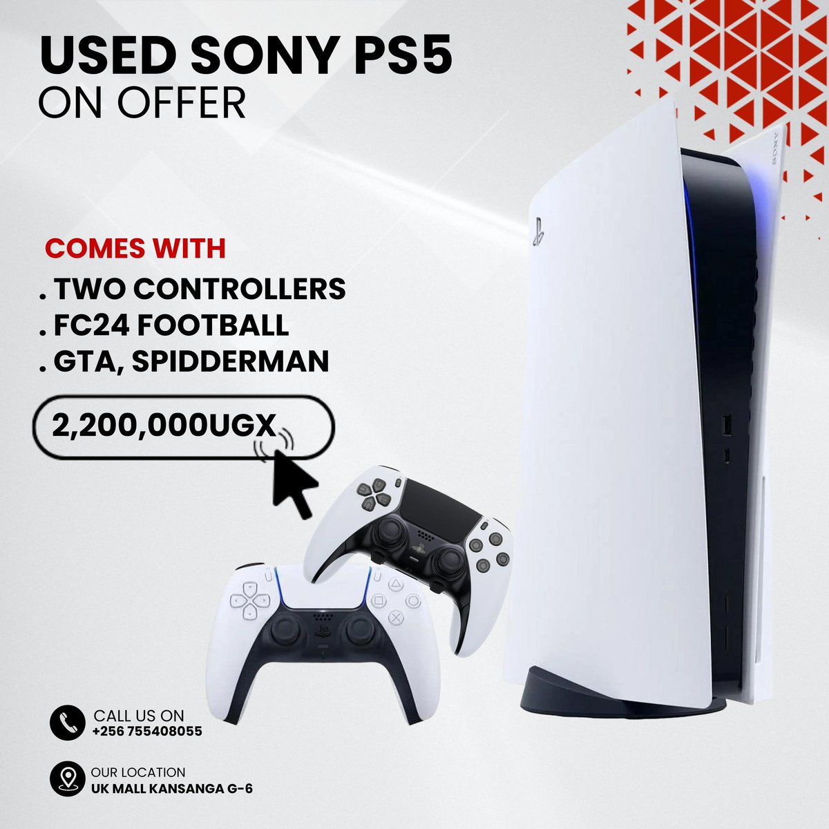 Used Sony PS5 on offer, it comes with two controllers, FC24 football, GTA, Spidderman at Ugx 2,200,000/= ☎️ 0755408055 #legendsaccessories