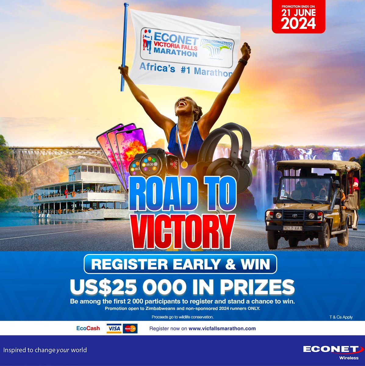 🏃‍♀️Road to Victory🏃‍♂️ Register early and win. Be among the first 2000 participants to register and stand a chance to win. Visit: vicfallsmarathon.com to register. #EVFM2024