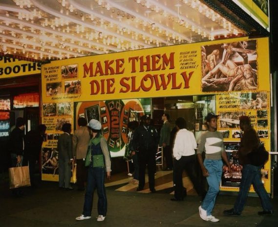 Umberto Lenzi’s notorious Cannibal Ferox playing in New York’s Times Square in 1983 under the alternate title ‘Make Them Die Slowly’.