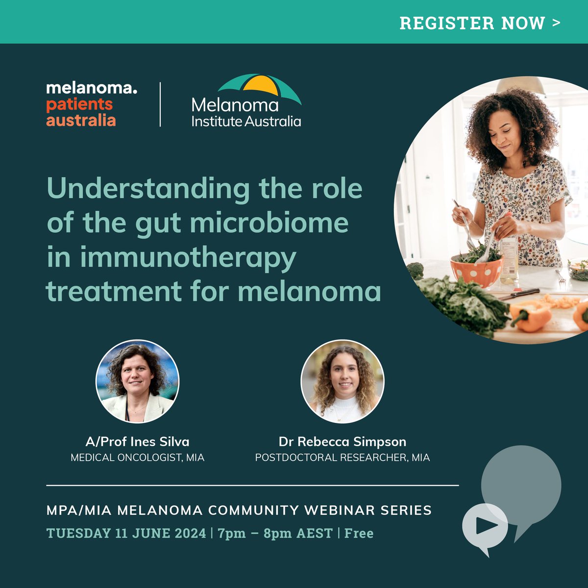 #Melanoma patients & carers: Join MIA & @melanomasupport for informative webinar series. Webinar 2 topic: 'Understanding the role of the gut microbiome in immunotherapy treatment for melanoma'. Presented by A/Prof Ines Silva & Dr Rebecca Simpson. Register> melanoma.org.au/event/mpa-mia-…
