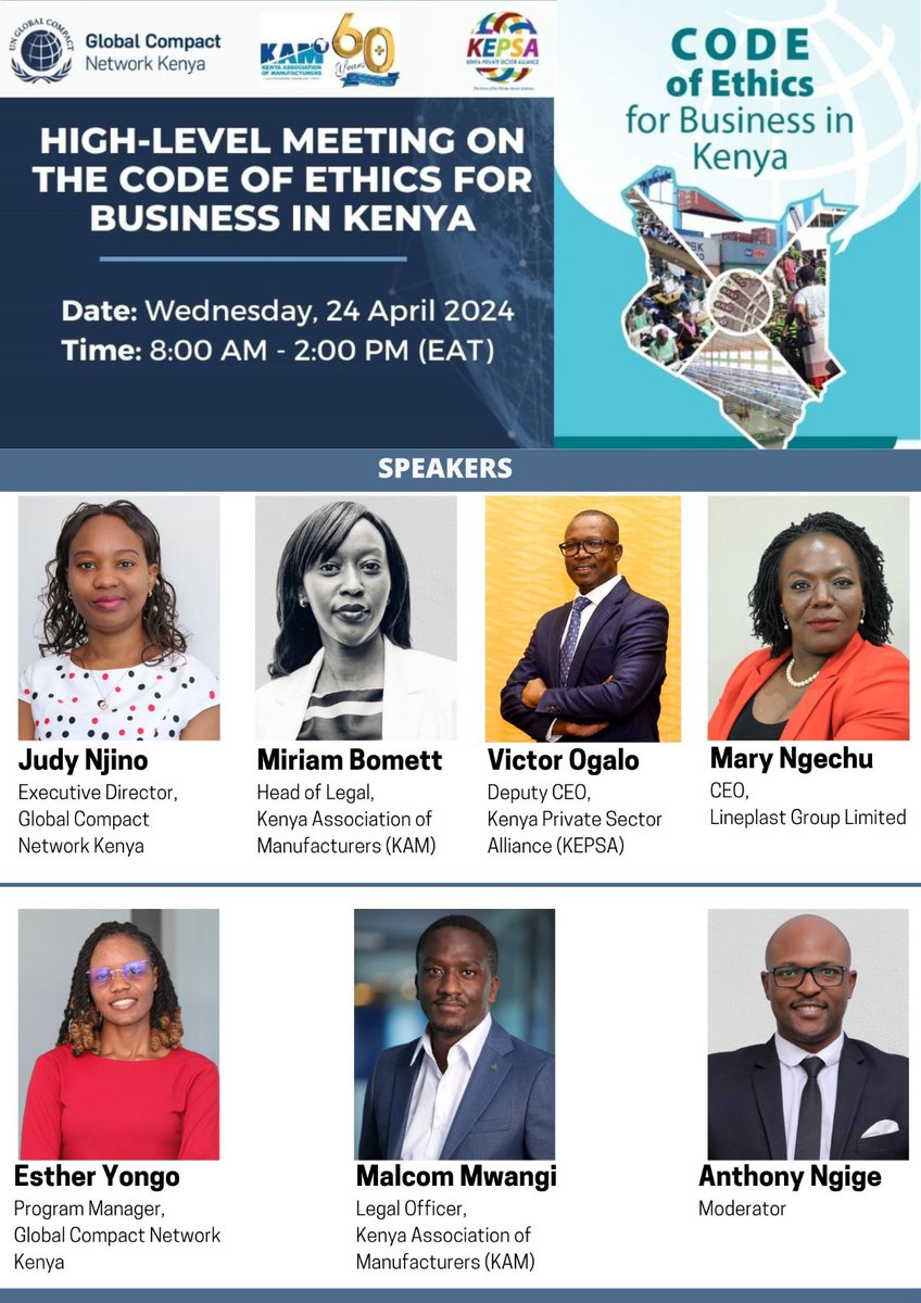 #KEPSA in partnership with @GlobalcompactKE and @KAM_Kenya will today host a high-level meeting on the Code of Ethics for Business in Kenya that seeks to help signatory companies understand their commitments under the Code and obligations to establish robust compliance programs.