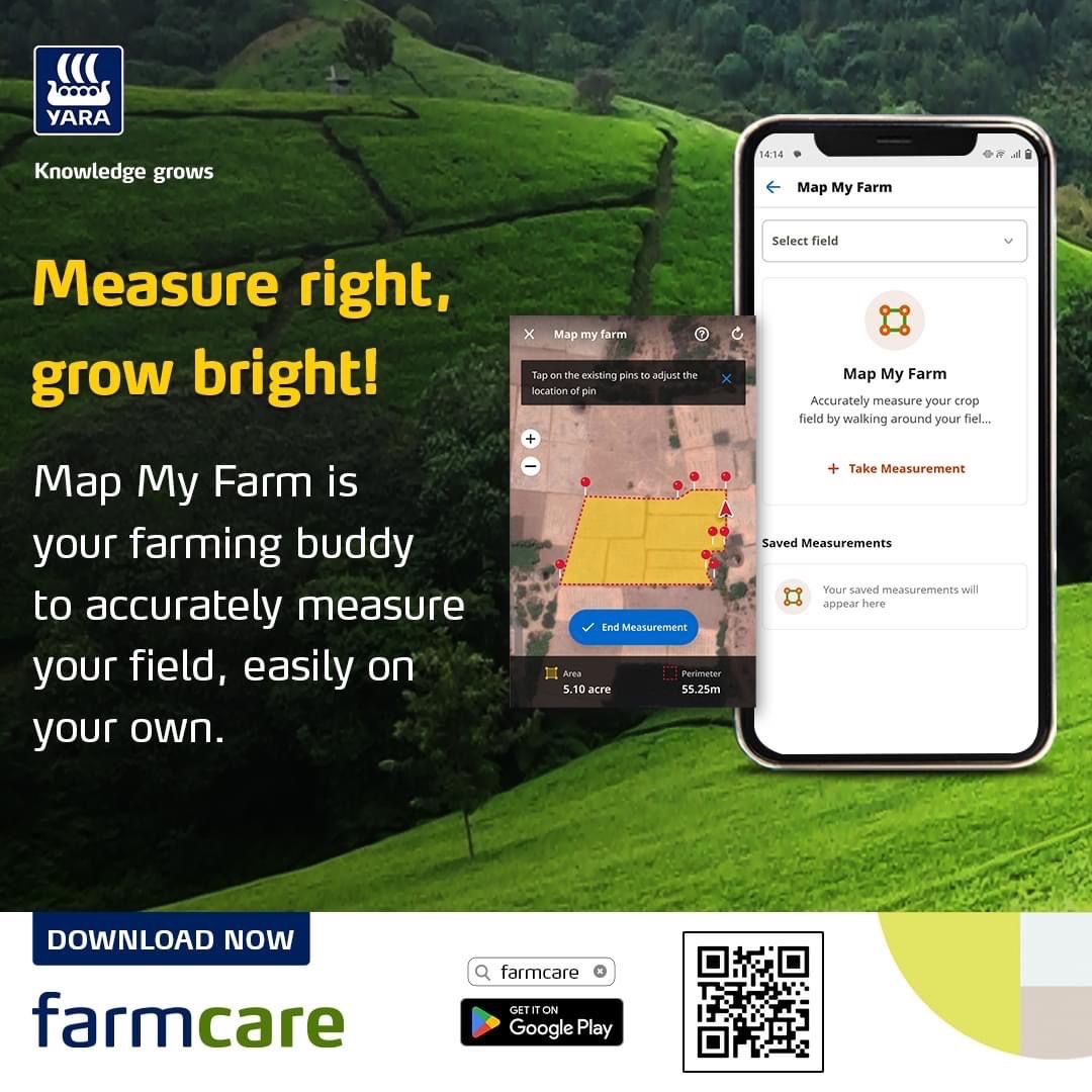 Get to know the size of your farm by using Map My Farm tool. This will help you determine the accurate amount of fertilizer to apply and optimise yield.

Download FarmCare for free. 

bitly.ws/3egcn  or *301#

#MboleaNiYara
#KnowledgeGrows 
#Farmcare