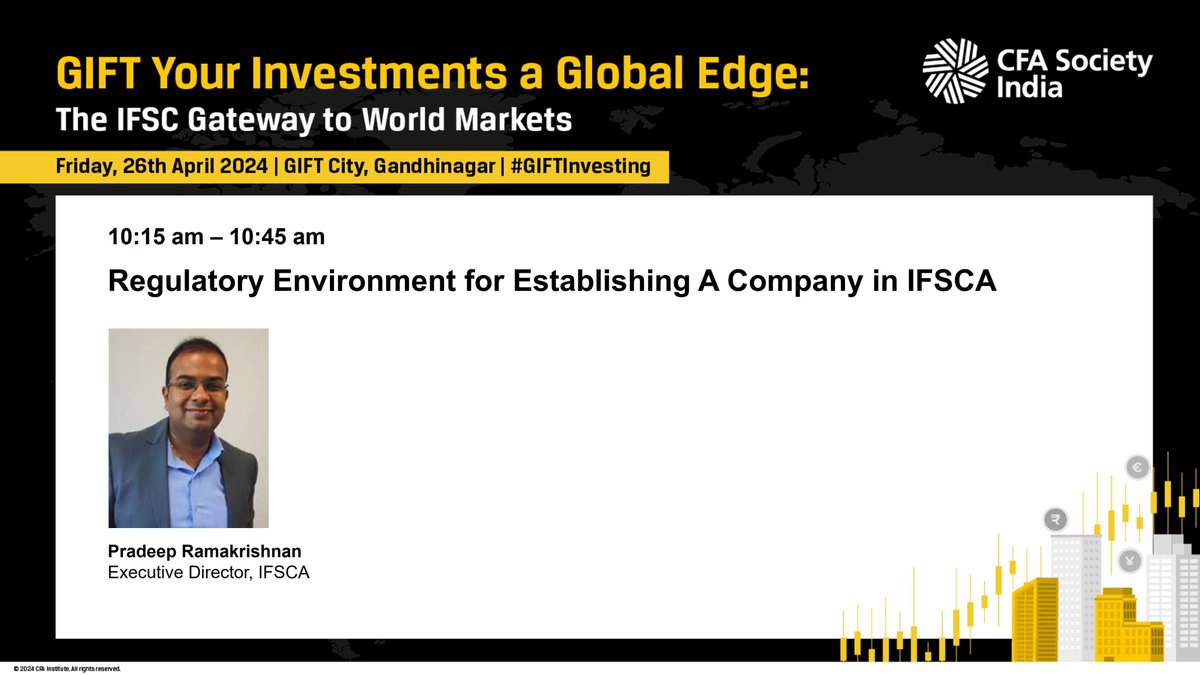 Explore the regulatory landscape for establishing a company in IFSCA with Mr. Pradeep Ramakrishnan, Executive Director, IFSCA, at 'GIFT Your Investments A Global Edge: The IFSC Gateway to World Markets'. #GIFTInvesting Date: April 26, 2024 Register now! cfasocietyindia.org/events/gift-yo…