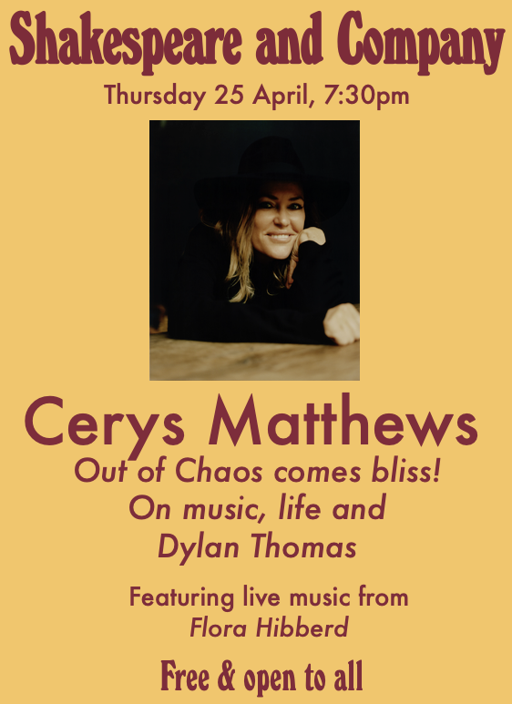 This is tomorrow and it’s going to be brilliant! Join @cerysmatthews for a celebration of Dylan Thomas. Poetry, conversation, and live music from Cerys and Paris’ own @FloraHibberd. Free & open to all!