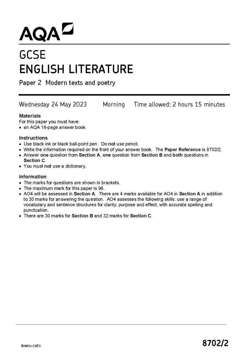 AQA GCSE ENGLISH LITERATURE PAPER 2 JUNE 2023 QUESTION PAPER (8702/2: Modern texts and poetry)
hackedexams.com/item/11605/aqa…
#AQA #AQA2023 #AQAGCSE #ENGLISHLITERATURE #QUESTIONPAPER #87022 #hackedexams