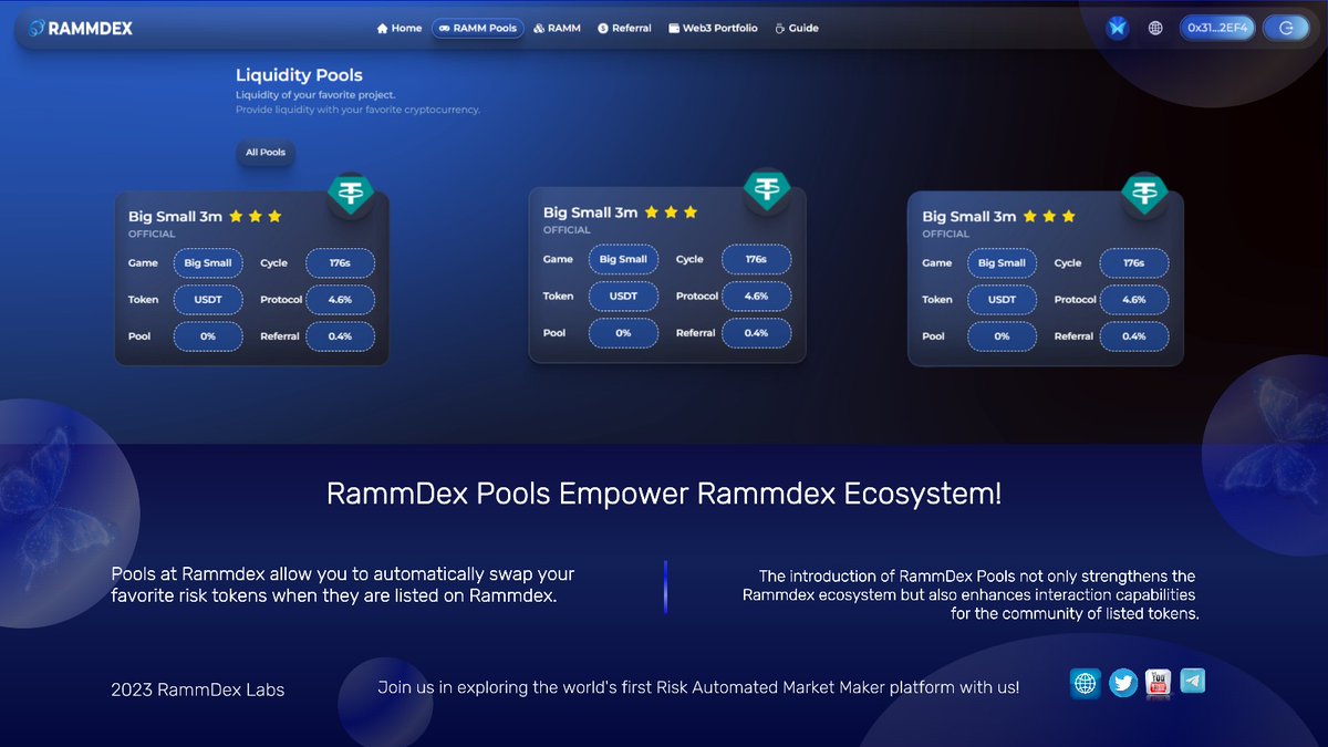 RAMM @RammDex🦋  
Risk Automated Market Maker

RammDex Pools Empower Rammdex Ecosystem!💫

Pools at Rammdex allow you to automatically swap your favorite risk tokens when they are listed on Rammdex. The introduction of RammDex Pools not only strengthens the Rammdex ecosystem but