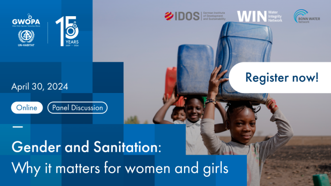 gwopa's tweet photo. ➡ Join the #webinar on "Gender and Sanitation: Why it matters to women and girls" organised by @UNHABITAT @IDOS_research @WaterIntegrityN as part of the #BonnWaterNetwork on 30 April 2024, at 10 am CEST 

Register today! https://t.co/u100sOukcY https://t.co/FvQ1oCrrRc