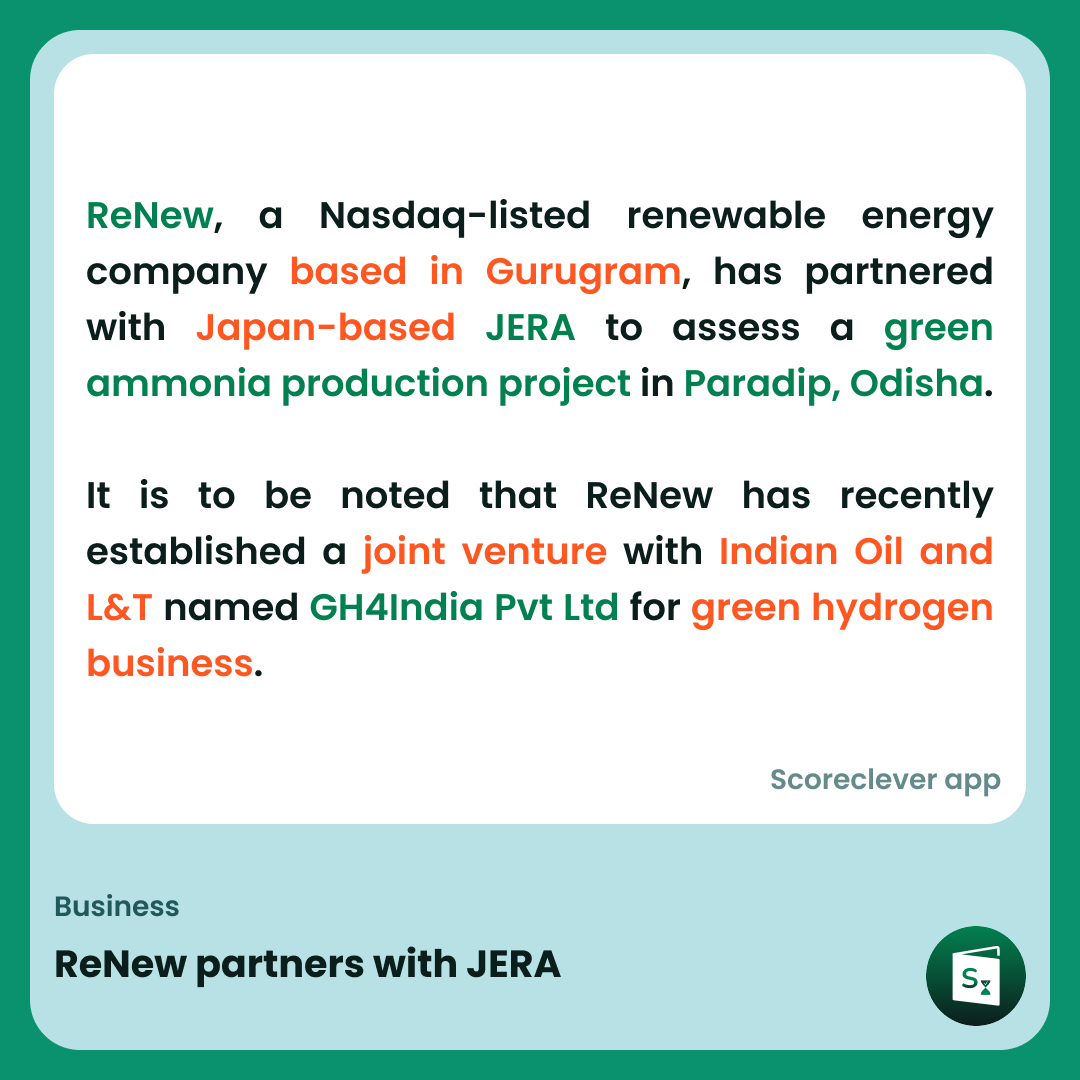 🟢🟠 𝐈𝐦𝐩𝐨𝐫𝐭𝐚𝐧𝐭 𝐍𝐞𝐰𝐬: ReNew partners with JERA

Follow Scoreclever News for more

#ExamPrep #UPSC #IBPS #SSC #GovernmentExams #DailyUpdate #News