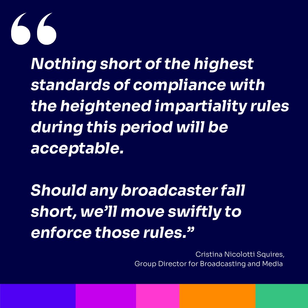 Ofcom's tweet image. 🚨 Ahead of the next General Election, we&apos;re sending a clear warning to broadcasters to maintain the highest standard of impartiality.  

We&apos;ve also issued strengthened industry guidance on rules around politicians as presenters. 

🔗 Read more: ofcom.org.uk/news-centre/20…