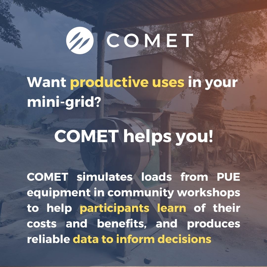 #MiniGrids + PUE = win-win for communities and operators! But how do you know if they will be adopted and how they will affect loads? COMET helps you! COMET gauges interest and WTP for the extra electricity, and estimates the timing of the new loads. Go to cometapp.net
