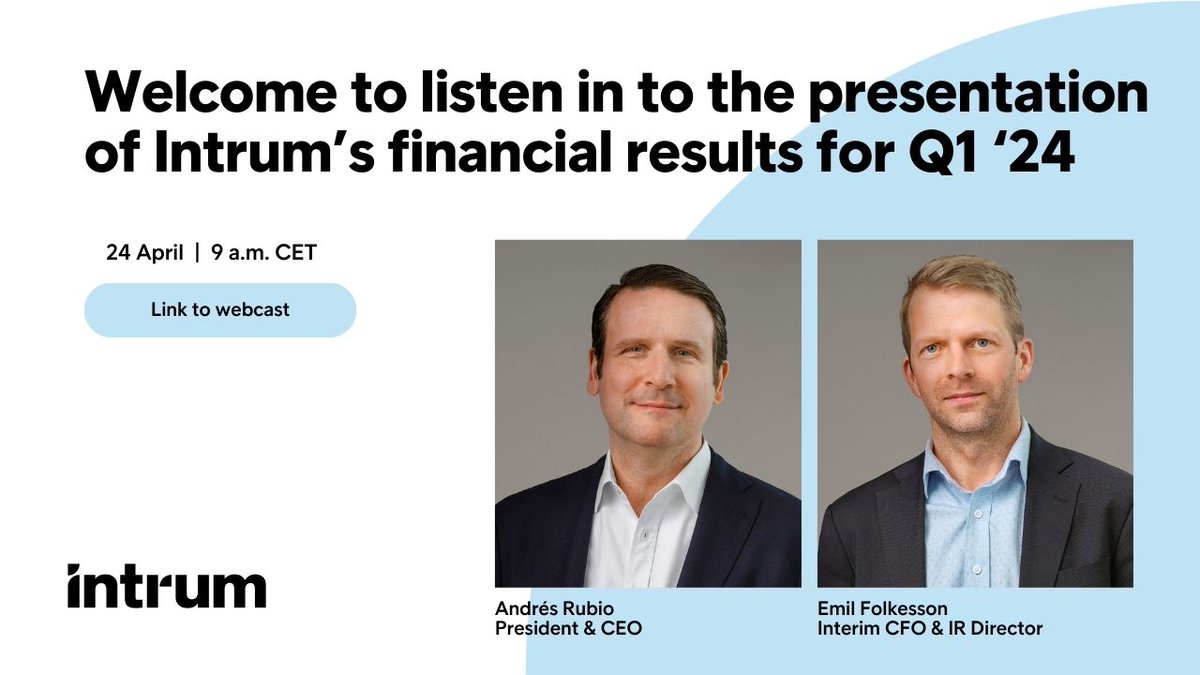 Welcom to listen to <a href="/IntrumGlobal/">IntrumGlobal</a> 's Q1 presentation today at 9:00 CET. Andrés Rubio, CEO and Emil Folkesson, Interim CFO &amp; IR Director, will present the results and comment on the latest development. ir.financialhearings.com/intrum-q1-repo…