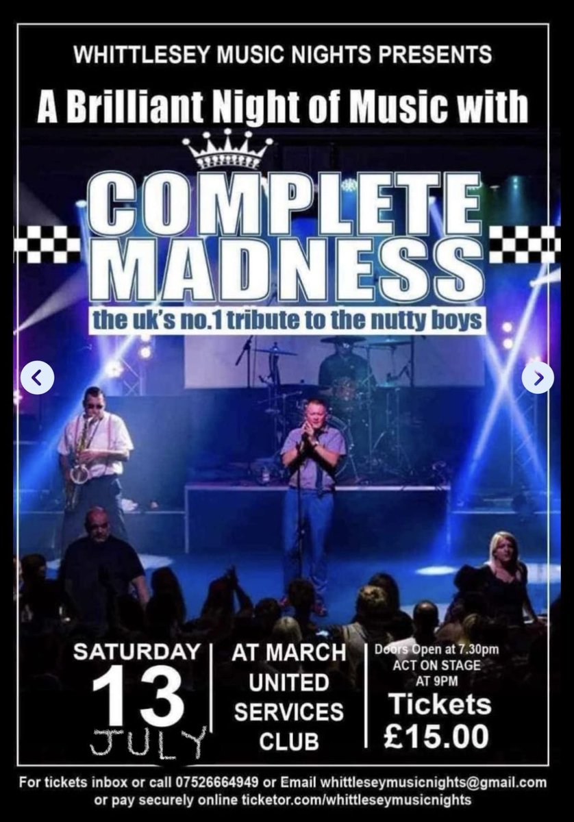 ‼️IT’S SHOWTIME‼️ Delighted to announce we'll be playing at March United Services Club #Cambridgeshire Saturday 13th July 2024 Call 07526664949 or email whittleseymusicnights@gmail.com Tickets👇 ticketor.com/whittleseymusi… #CompleteMadness #Ska #Madness #2tone #Gig #LiveMusic
