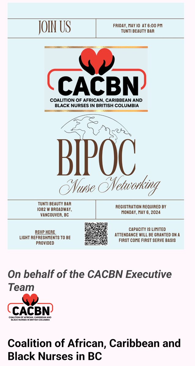 docs.google.com/forms/d/e/1FAI…
We welcome you to join the Coalition of African, Caribbean, and Black Nurses of BC in celebrating being a Black, Indigenous, and/or Person of colour (BIPOC) Nurse, or as a member of another racialized group.