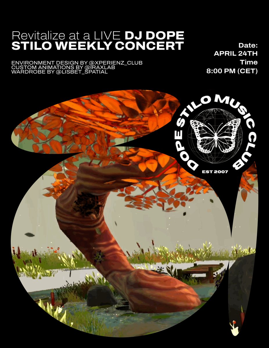 🎶DOPE STILO WEEKLY CONCERT IN OUR GARDEN🌎as we celebrate #EarthDay together with @DopeStilo @StiloMusicGroup @Lisbet_Spatial & @iraxlab 🌟

SEE YOU THERE!
    
🗓️Wednesday 24 April
⏲️2 pm EST / 8 pm CET 
🔗🍃 THE GARDEN EARTH DAY EVENT (@xperienzclub): spatial.io/s/THE-GARDEN-E…