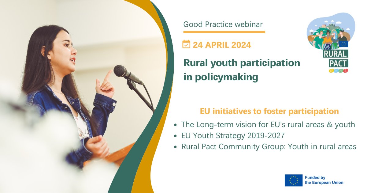 Kicking off our Rural Youth webinar - we'll explore ways to enhance youth participation in policymaking: bit.ly/3xHTAPD

👉EU initiatives on rural areas & youth
👉strategies to engage, connect & empower
More on youth: ruralpact.rural-vision.europa.eu/topics/youth_en

#RuralPact #RuralVisionEU