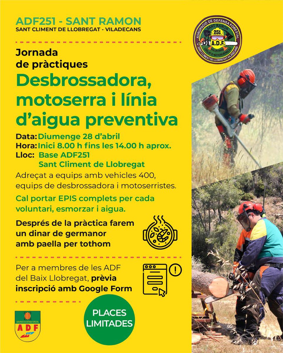Aquest Diumenge 28 d’Abril, realitzarem una formació de desbrossadora, motoserra i línia d’aigua preventiva, destinat a ADF del Baix Llobregat. 💛
Inscripcions a docs.google.com/forms/d/e/1FAI…