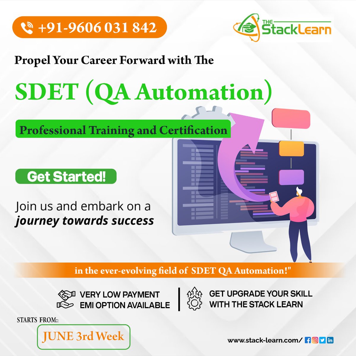 Elevate your career with #thestacklearn's #SDET (#QA #Automation) #Professional #Training and #Certification.

Get started now and join us on a journey towards success. #Classes start from June 3rd week. Upgrade your #skills.

Call us@
9606031843

Website:
stack-learn.com