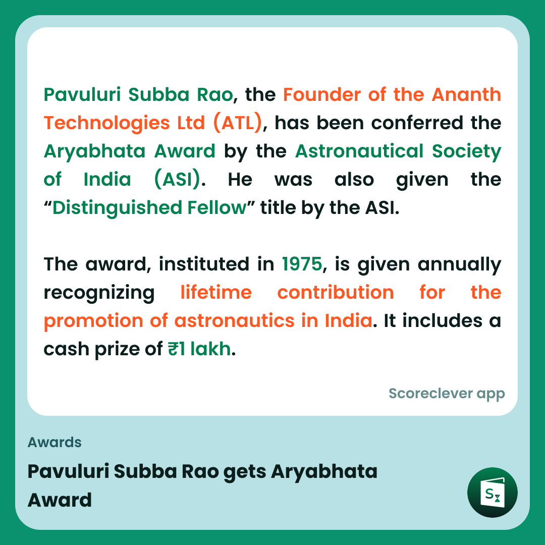 🟢🟠 𝐈𝐦𝐩𝐨𝐫𝐭𝐚𝐧𝐭 𝐍𝐞𝐰𝐬: Pavuluri Subba Rao gets Aryabhata Award

Follow Scoreclever News for more

#ExamPrep #UPSC #IBPS #SSC #GovernmentExams #DailyUpdate #News