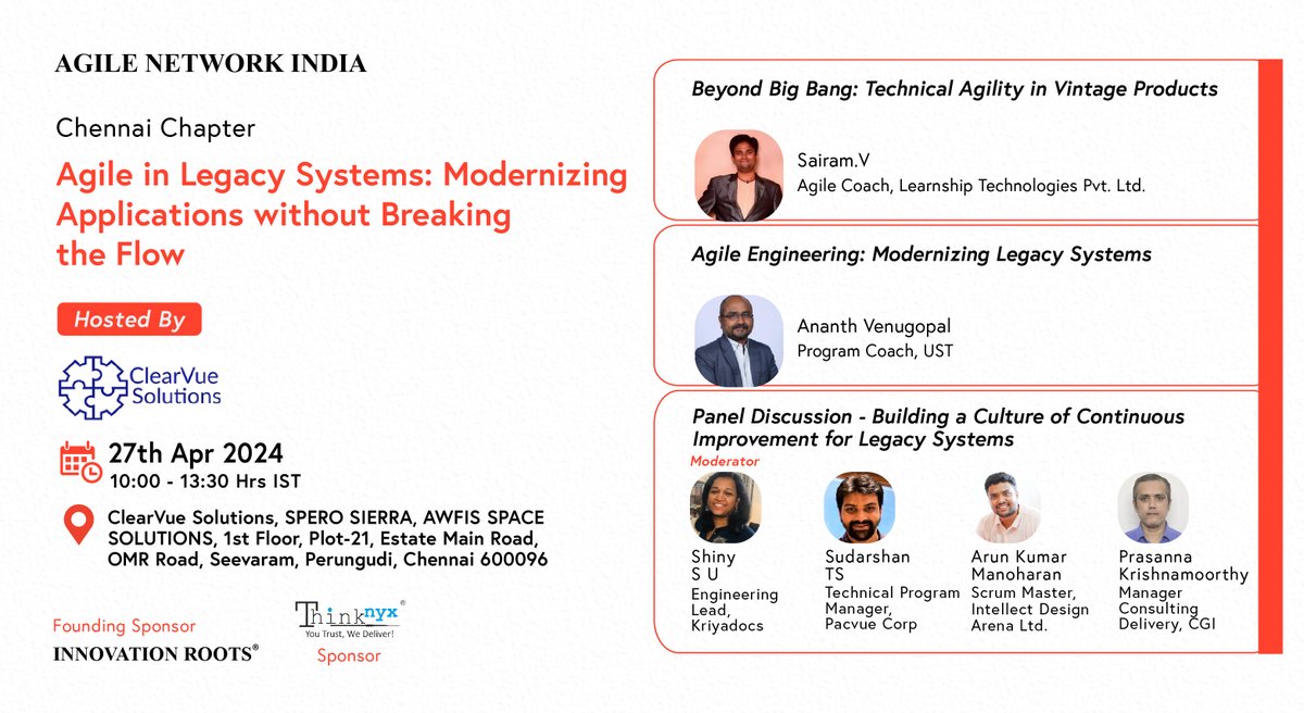 AgileNetwork_in's tweet image. Agile Network India #ChennaiChapter | #AprilEvent
Agenda Live!
Date: 27th April, 2024 (Saturday)
Time: 10:00am to 1:30pm
Hosted By: ClearVue Solutions
Join us: agilecommunity.org/event-details/… (Free to participate)

@thinknyx  Technologies
